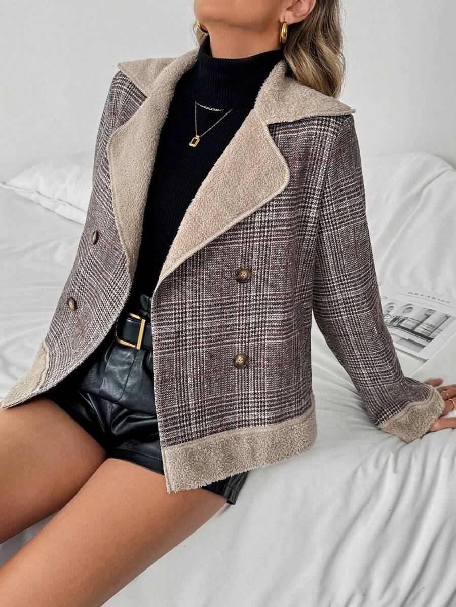 SHEIN Clasi 女士秋冬撞色翻领格纹长袖休闲常规夹克 - 彩色 - 查看 1