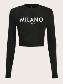 Slaydiva Áo thun nữ tay dài cổ tròn in họa tiết Milano bó sát, phù hợp cho mùa xuân và thu - màu đen - Xem 2