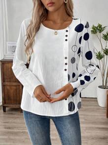 EMERY ROSE Women's Printed Patchwork Long Sleeve Casual Blouse, Autumn - White - View 6