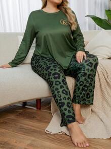 Plus Size Leopard Print Long Sleeve Pajama Set - Multicolor - View 4