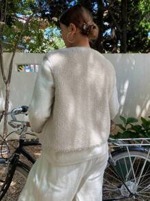 DAZY 女士休闲无袖仿羊羔绒背心外套，秋季女装外套 - 米色 - 查看 5