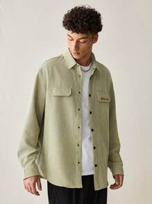 Manfinity VCAY Chaqueta casual de hombre con botones, mangas largas y bordado acanalado, para otoño e invierno - Verde - Ver 2