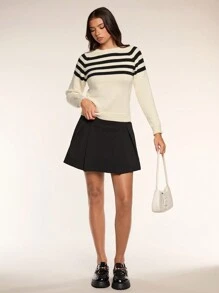 Zolique 女士休闲简约圆领黑白条纹长袖毛衣，针织套头衫，秋冬款 - 白色 - 查看 1