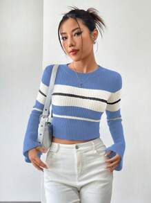 SHEIN Unity Women's Crew Neck Striped Print Contrast Color Long Sleeve Sweater - Blue - View 4