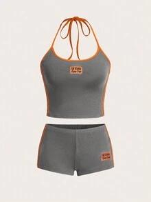 SHEIN ICON 女士 Y2k 夏季运动套装 撞色 Bikercore 字母刺绣无袖上衣和低腰短裤套装 - 灰色 - 查看 3