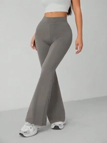 SHEIN PETITE Pantalones informales de cintura alta y acampanados de unicolor para mujer - Gris - Ver 4
