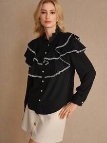 MOTF STUDIO Blouse à volants superposés avec garniture en dentelle contrastante - Noir - Voir 7