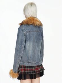 ROMWE Kawaii 女式复古 Y2K 风格豹纹蓬松领拼布牛仔夹克外套 - 藍色 - 查看 3