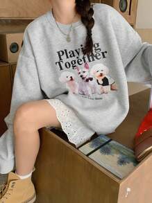 DAZY 女士宽松圆领印花卫衣，秋装 - 灰色 - 查看 1