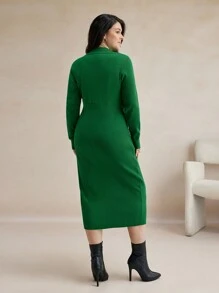 BizChic Váy len dài tay đơn giản màu trơn cỡ lớn, trang phục mùa thu cho nữ, trang phục mùa đông cho nữ, váy dài tay - màu xanh lá - Xem 2
