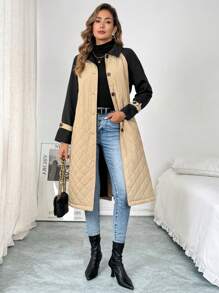 SHEIN Clasi Women's Solid Color Patchwork Front Button Long Sleeve Casual Padded Coat - Khaki - View 3