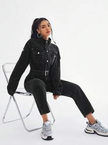 SHEIN EZwear Women's Casual Denim Jumpsuit With Stand Collar, Long Sleeve, Front Pockets, Suitable For Spring & Autumn - Black - View 1