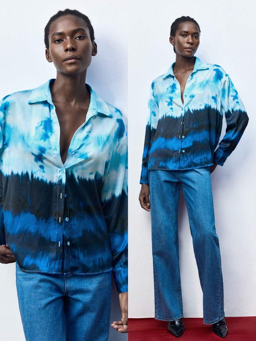 Maija 女式前扣长袖全花卉印花衬衫，休闲日常宽松衬衫 - 藍色 - 查看 1