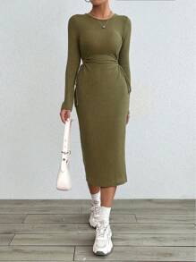 Chiquease Waist Hollow Drawstring Sexy Bodycon Textured Waffle Knit Long Sleeve Dress