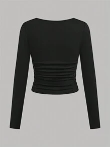 SHEIN Juego de 3 camisetas de manga larga de cuello cuadrado fruncido que combina con todo, en negro, marrón y blanco, 3 piezas, compra 1 y llévate 2 gratis para adolescentes