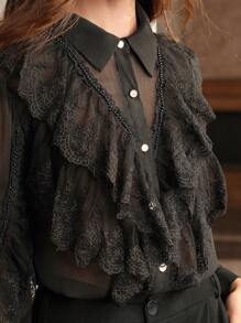 Anewsta Áo cánh chiffon đen viền ren Pháp thanh lịch, áo sơ mi nữ mùa thu/xuân - màu đen - Xem 7