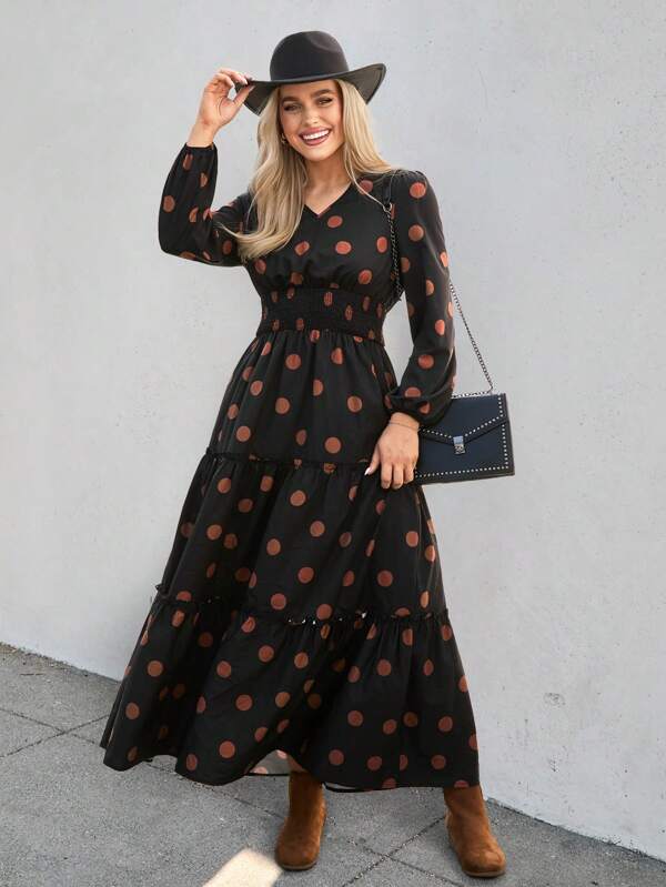 SHEIN LUNE Vestido de línea A con volantes en el bajo y estampado de lunares para mujer, de uso casual