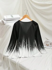 SHEIN LUNE Women's V-Neck Twist Detail Graphic Print Long Sleeve T-Shirt - Black and White - View 2