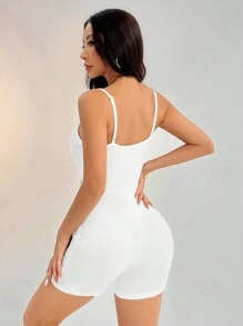 SHEIN PETITE 休閒簡約純色吊帶連身褲，適合夏季，緊身女款連身褲，適合嬌小女性 - 白色 - 查看 2