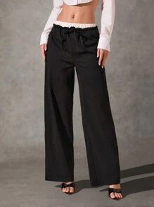 Glamine Contrast Color Waistband Loose Wide Leg Straight Casual Pants For Women Fall Cloth For Women - Black - View 7