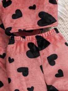 SHEIN 3 peças Conjunto de Jaqueta e Calça de Padrão de Coração Fofinho e Médio Comprimento para Bebê Menina, Outono/Inverno - Vermelho - Visão 12