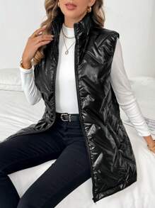 SHEIN Clasi 女式纯色拉链无袖口袋加垫背心夹克，秋冬款 - 黑色 - 查看 5