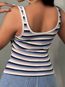 Slaydiva Áo ba lỗ nữ cổ chữ U không tay kẻ sọc dệt kim dệt kim mới cho kỳ nghỉ hè giản dị ở cả hai mặt - Nhiều màu - Xem 2