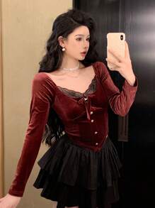 DAZY Áo thun dài tay phối ren nhung dự tiệc ngày lễ tình nhân cho nữ, trang phục trở lại trường, trang phục Giáng sinh cho nữ mùa thu - Đỏ - Xem 7