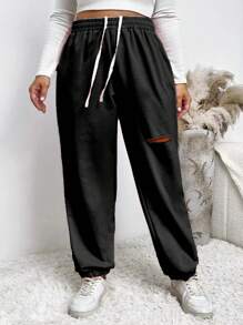 Calvaya Quần dài đơn giản buộc dây phía trước màu trơn cỡ lớn - Nhiều màu - Xem 3