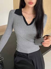 DAZY 女士撞色套头衫，商务休闲风格，秋冬 - 灰色 - 查看 2