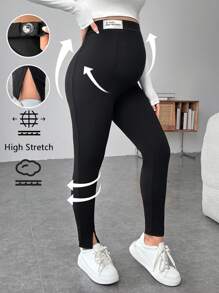 SHEIN 孕妇可调节腰部字母拼接开衩下摆紧身裤，秋冬装，教师裤，长裤 - 黑色 - 查看 1