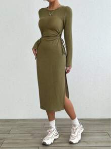 Chiquease Waist Hollow Drawstring Sexy Bodycon Textured Waffle Knit Long Sleeve Dress