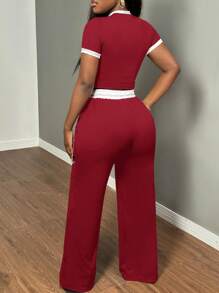 SHEIN SXY 2pcs Women's Summer Casual Ribbed Crew Neck Short Sleeve Slim T-Shirt And Tie Waist Pants Set - Red - View 2