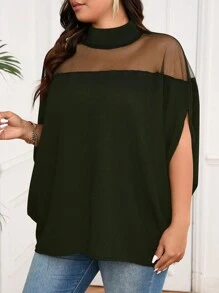 SHEIN Clasi 大码女式夏季纯色立领网眼撞色蝙蝠袖宽松优雅衬衫 - 軍綠色 - 查看 3