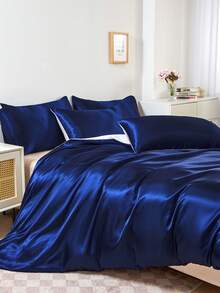 Bộ chăn ga gối đệm bằng vải satin lụa hai tông màu xanh navy trắng cao cấp 3 món, mềm mại, thoáng khí, không nhăn, tốt hơn cho giấc ngủ, phong cách khách sạn sang trọng, quà tặng cho bạn bè bố mẹ, chăn bông kèm vỏ chăn * 1 vỏ gối * 2 - Màu xanh hải quân - Xem 6