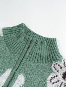Plus Size Casual Zipper Printed Pullover Sweater For Women - Green - View 5