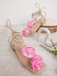 SHUZIA Nude Color&Lace-Up Back Rosette Sandals With Low Heels Spring Shoes Spring Break Easter