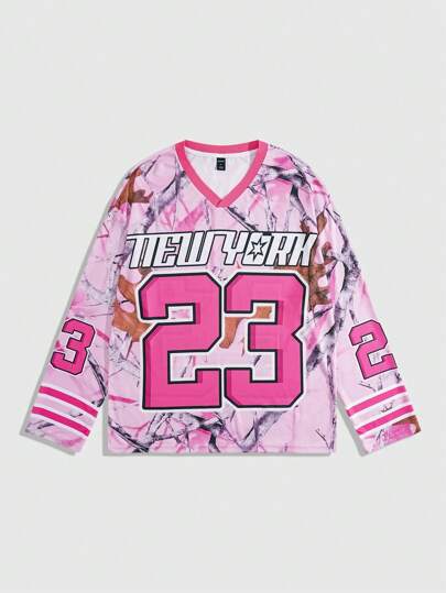 ROMWE Avant Men's Casual V-Neck Long Sleeve Football Jersey Style T-Shirt, Oversized