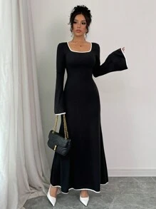 Selianne 女式春夏方领喇叭袖长款优雅连衣裙 - 黑與白 - 查看 6