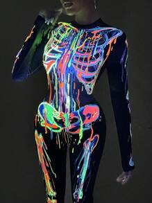 SHEIN SXY Bộ đồ liền thân dài tay hình bộ xương phát sáng trong bóng tối dành cho nữ trong lễ Halloween - Nhiều màu - Xem 4