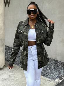 Button-Up Camouflage Print Women Long Sleeve Jacket - Army Green - View 4