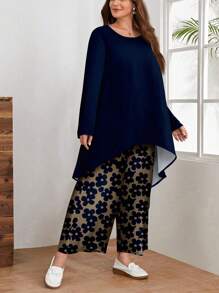 EMERY ROSE 大码女式优雅休闲花卉印花宽松长袖上衣和裤子两件套，秋冬