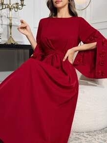 Modelyn Women 3D Flower Decor Round Neck Long Sleeve Arabian Solid Color Tie Front Modest Dress Long Evening Dresses - Red - View 4