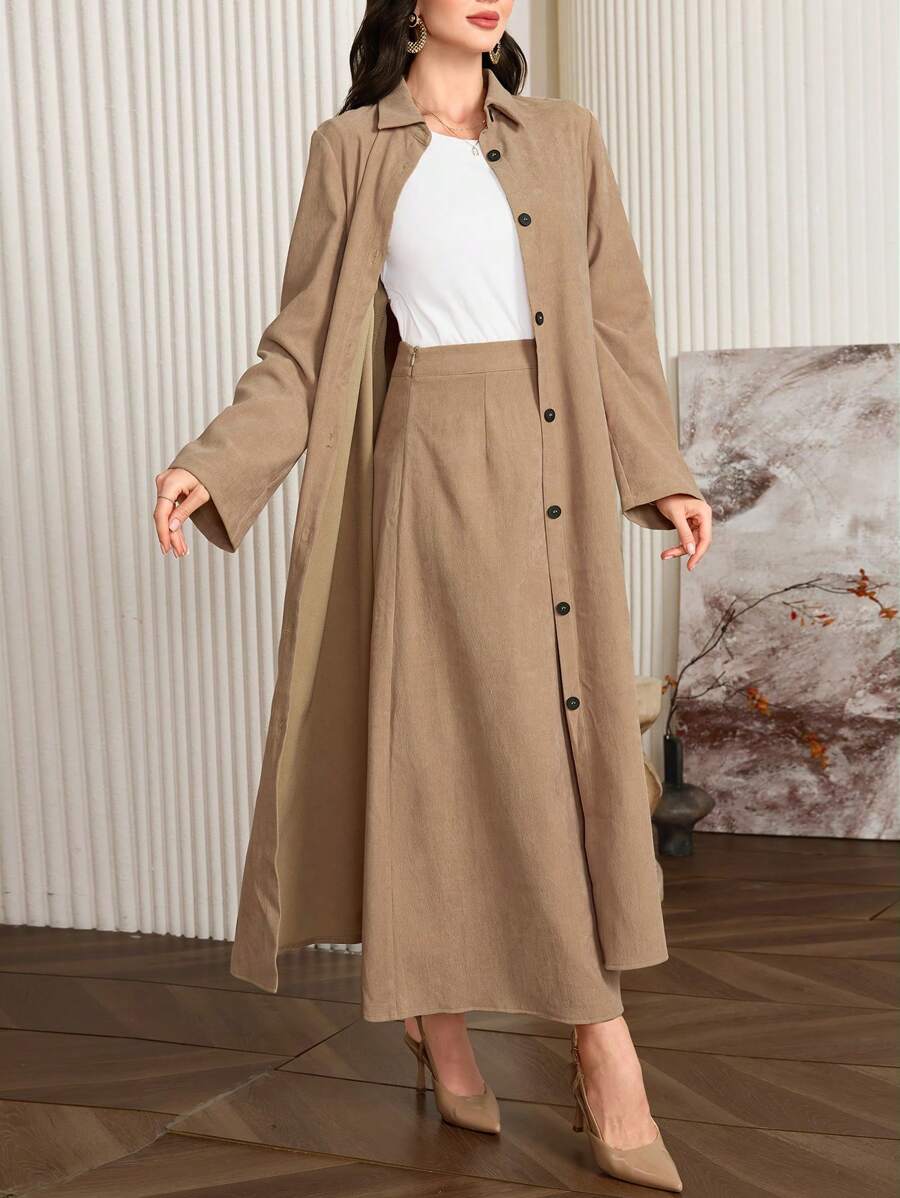 Al Najma Bộ 2 váy xòe và áo choàng vải chéo trơn màu giản dị mùa xuân/thu dành cho nữ, bộ trang phục Abaya hai mảnh giản dị, phù hợp cho trang phục thường ngày/công sở/tiệc tối - Màu Khaki - Xem 1