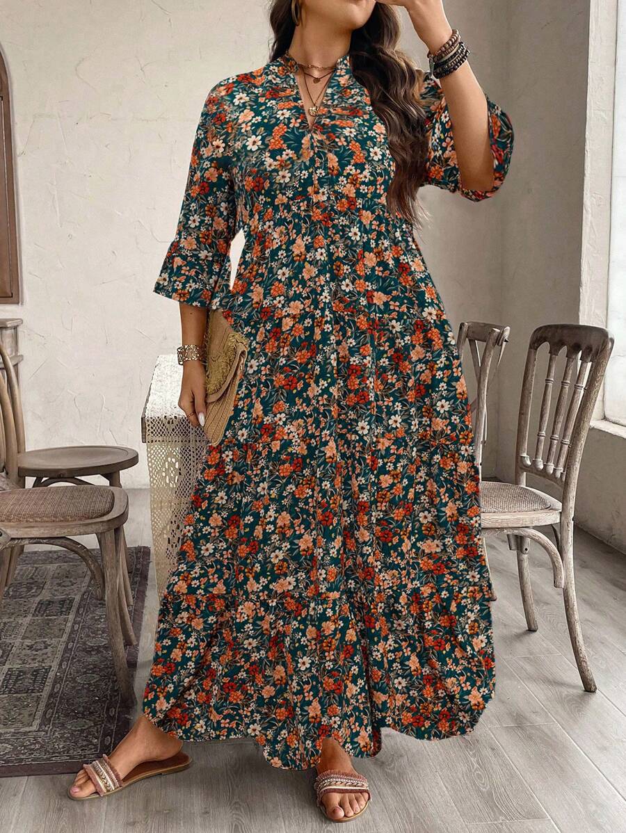 SHEIN Clasi Đầm tay loe cổ chữ V họa tiết hoa cỡ lớn cho nữ - Nhiều màu - Xem 1