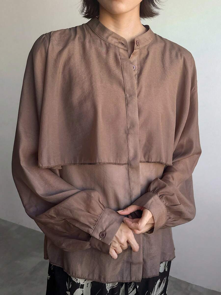 FRIFUL Camisa informal de un solo color marrón 2 en 1 para mujer, primavera y otoño - Marrón - Ver 1