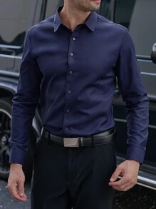 Manfinity Mode Camisa casual de manga larga de unicolor para hombres para uso comercial/diario, primavera y otoño