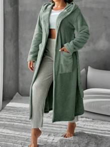 RueChic Dual Pocket Belted Hooded Lounge Robe - Green - View 4