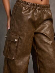 SHEIN BAE Women's Elastic Waist PU Leather Wide Leg Loose Fashion Pants - Brown - View 4