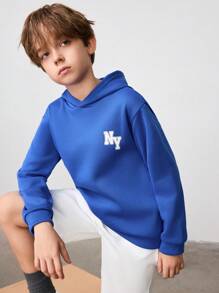 SHEIN Leap Crew 青少年男孩字母印花保暖连帽运动衫，休闲百搭，适合春秋季节